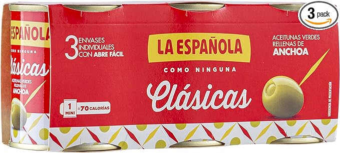 La Española Clásicas Aceitunas Verdes Rellenas de Anchoa, Pack de 3 x 120g